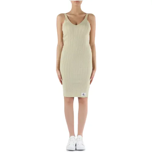 Ribbed lyocell V-neck dress , female, Sizes: L, M, XS, S - Calvin Klein Jeans - Modalova
