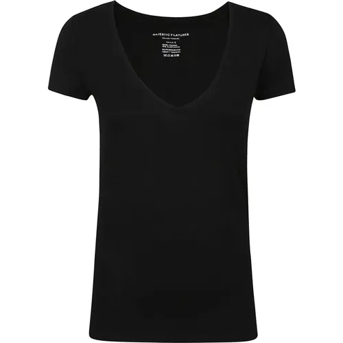 Kurzarm V-Ausschnitt T-Shirt , Damen, Größe: M - majestic filatures - Modalova