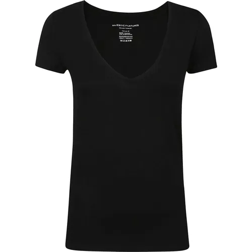 Kurzarm V-Ausschnitt T-Shirt , Damen, Größe: L - majestic filatures - Modalova