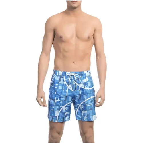 Beachwear, male, , Size: S Elegant Blue Swim Shorts with Allover Print - Bikkembergs - Modalova