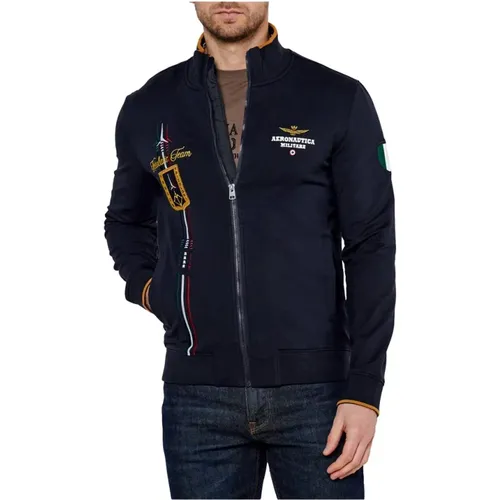 Blauer Pullover mit Reißverschluss und Bestickten Details , Herren, Größe: L - aeronautica militare - Modalova