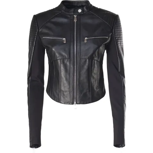 Schwarze Leder Biker Jacke Reißverschluss , Damen, Größe: S - pinko - Modalova