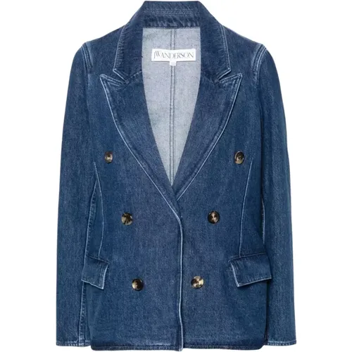 Blazers, female, , Size: XS Navy Double-Breasted Denim Blazer - JW Anderson - Modalova