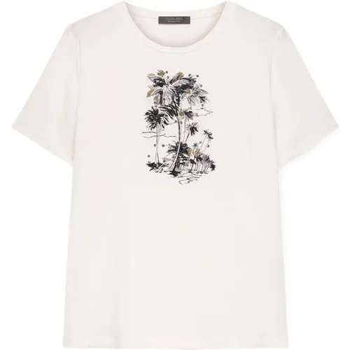 Besticktes T-Shirt mit Perlen , Damen, Größe: XL - Elena Mirò - Modalova