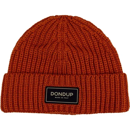 Beanies, male, , Size: ONE SIZE Ribbed wool hat with fabric logo. Italian made - Dondup - Modalova