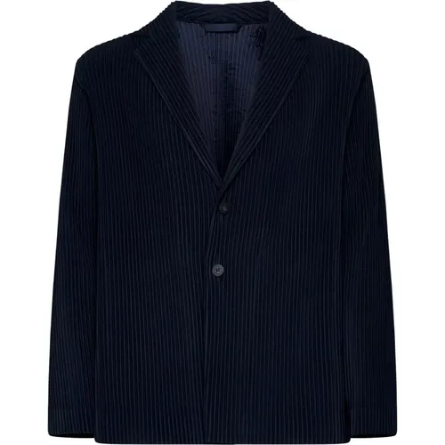 Blazers, male, , Size: XL Navy Pleated Blazer Jacket - Issey Miyake - Modalova