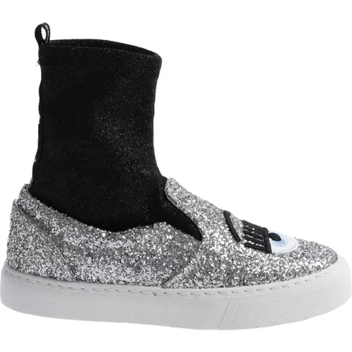 Women's high-top sneakers in and black glitter fabric , female, Sizes: 2 UK - Chiara Ferragni Collection - Modalova