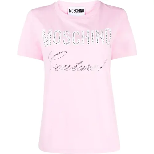 Rosa T-Shirt mit Kristallverzierungen für Damen , Damen, Größe: 3XS - Moschino - Modalova