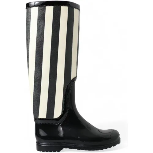 Rain Boots, female, , Size: 10 US Black and White Striped Knee High Boots - Dolce & Gabbana - Modalova