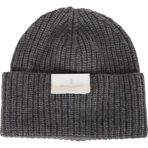 Luxurious Grey Cashmere Ribbed Knit Hat , male, Sizes: M - BRUNELLO CUCINELLI - Modalova