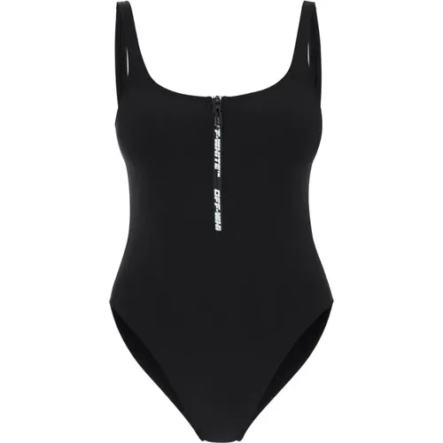 Badeanzug mit Reißverschluss und Logo , Damen, Größe: XS - Off White - Modalova