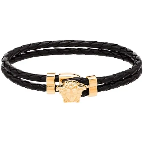 Bracelets, male, , Size: ONE SIZE Golden Leather Bracelet with Medusa Head Motif - Versace - Modalova