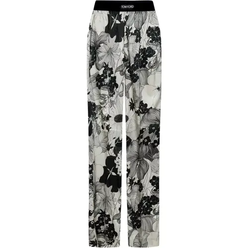 Straight Trousers, female, , Size: S White Floral Print Trousers with Velvet Waistband - Tom Ford - Modalova