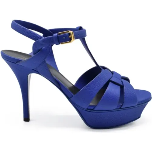 Blaue High Heel Ledersandalen , Damen, Größe: 35 1/2 EU - Saint Laurent - Modalova