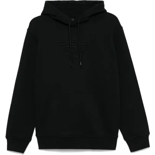 Schwarzer Baumwollpullover mit Kapuze und Kordelzug , Herren, Größe: M - Emporio Armani - Modalova