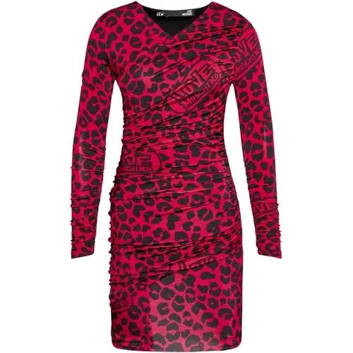 Rotes und schwarzes Leopardenmusterkleid - Love Moschino - Modalova