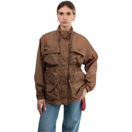 Braune Jacke mit Reißverschluss und Druckknöpfen , Damen, Größe: S - Afterlabel - Modalova