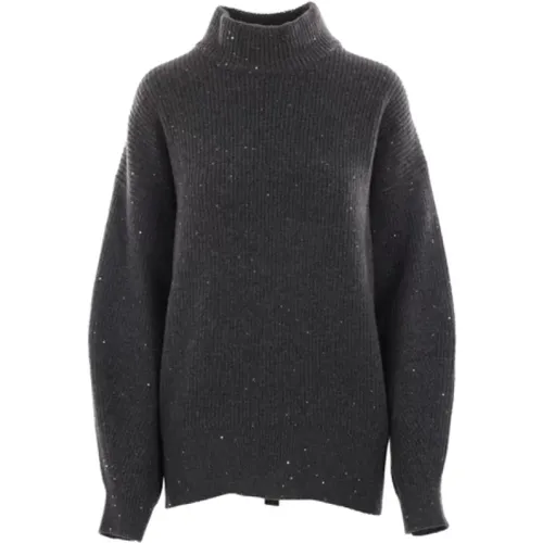 Anthracite Cashmere Wool Sweater Ribbed Sequins , female, Sizes: M, L, S - BRUNELLO CUCINELLI - Modalova