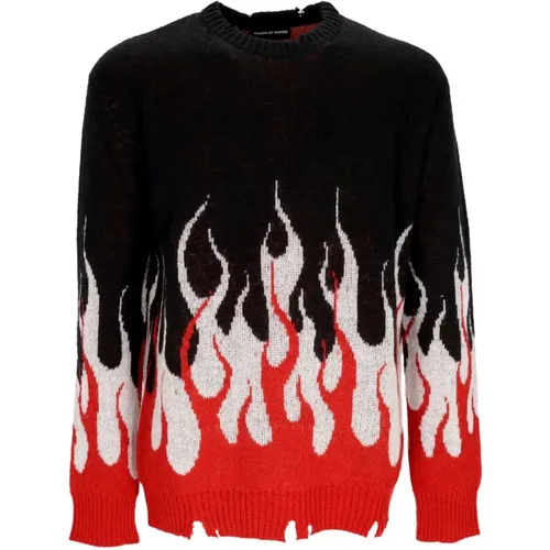 Round-neck Knitwear, male, , Size: L Jacquard Flames Jumper Sweater Black/Red/White - Vision OF Super - Modalova