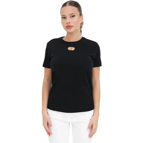 Schwarze T-Shirts und Polos mit goldenem Logo-Detail , Damen, Größe: L - Elisabetta Franchi - Modalova