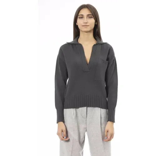 Grüner Woll V-Ausschnitt Pullover mit Vordertasche , Damen, Größe: L - Alpha Studio - Modalova