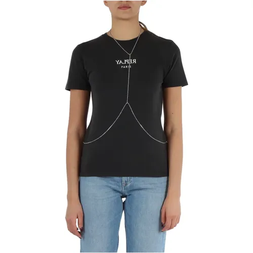 Baumwoll-T-Shirt mit abnehmbarem Ketten-Detail , Damen, Größe: XS - Replay - Modalova