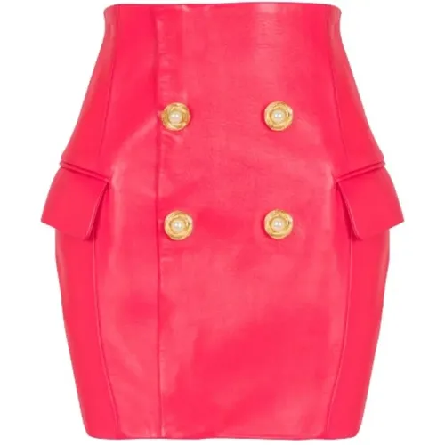 Leather Skirts, female, , Size: S Fuchsia Leather Mini Skirt with Gold-tone Buttons - Balmain - Modalova