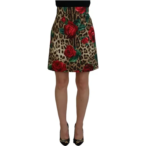 Brauner Baumwoll-Leoparden-Rosen-Print-Minirock , Damen, Größe: 3XS - Dolce & Gabbana - Modalova