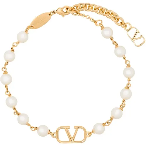 Bracelets, female, , Size: ONE SIZE Golden VLogo Signature Faux Pearl Necklace - Valentino Garavani - Modalova