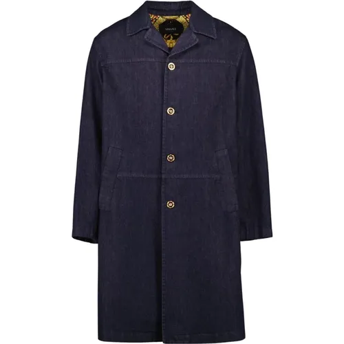 Stylish Raw Denim Long Coat , male, Sizes: M - Versace - Modalova