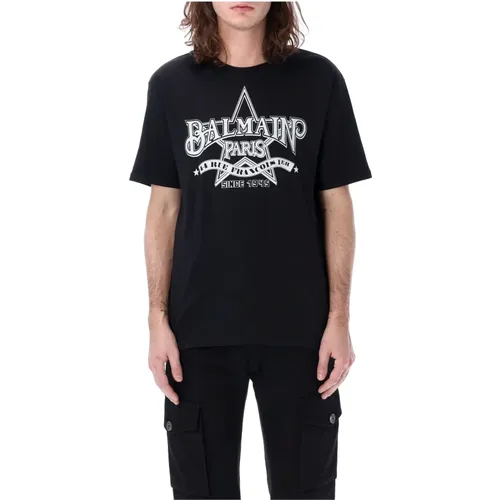 Sternenprint T-Shirt Schwarz Weiß , Herren, Größe: XL - Balmain - Modalova