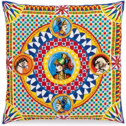 Quilted Sicilian Carretto Canvas Cushion , female, Sizes: ONE SIZE - Dolce & Gabbana - Modalova