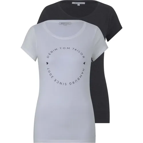 Basic T-Shirt 2er-Pack Logo-Print Loose Fit , Damen, Größe: M - Tom Tailor - Modalova