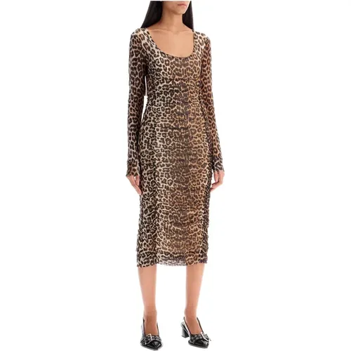 Leopardenmuster Mesh Midi Kleid , Damen, Größe: M - Ganni - Modalova