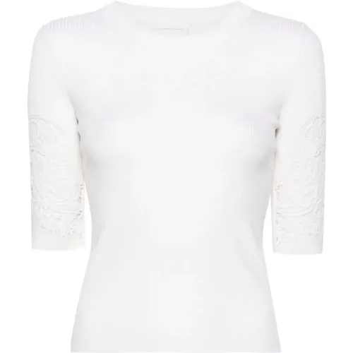 Weißer Pullover mit Kurzen Ärmeln und Spitzen-Details - Chloé - Modalova