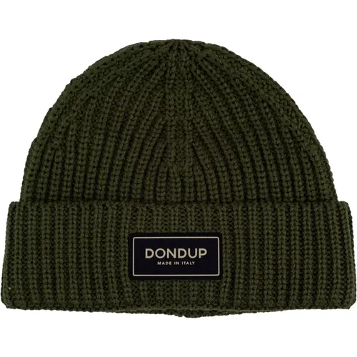 Beanies, male, , Size: ONE SIZE Ribbed Wool Hat with Fabric Logo - Dondup - Modalova