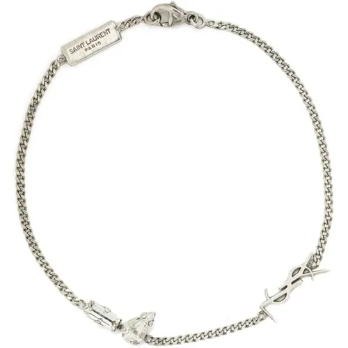 Bracelets, female, , Size: XL Silver Interlocking YSL Charm Bracelet - Saint Laurent - Modalova