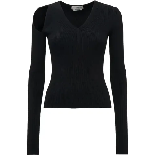 V-neck Knitwear, female, , Size: S Ribbed Stretch Wool Sweater with Oblique Shoulder Cut-Out - alexander mcqueen - Modalova