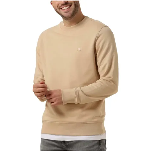 Sandfarbener Crew Neck Sweater mit Emblem , Herren, Größe: S - Calvin Klein - Modalova