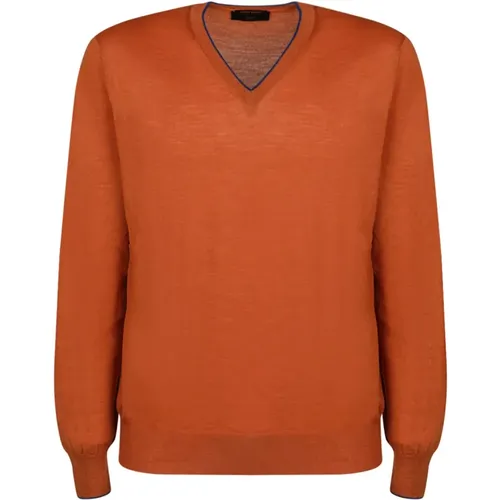 Oranger V-Ausschnitt Pullover Lange Ärmel , Herren, Größe: XL - Gran Sasso - Modalova