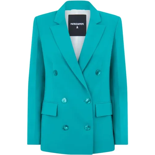 Blazers, female, , Size: M Turquoise Double-Breasted Blazer with Pockets - PATRIZIA PEPE - Modalova