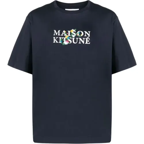 Floral Print Logo T-Shirt , male, Sizes: L, M - Maison Kitsuné - Modalova