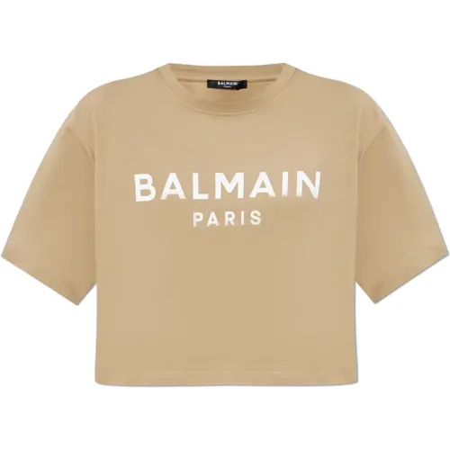 Kurzes T-Shirt mit bedrucktem Logo - Balmain - Modalova