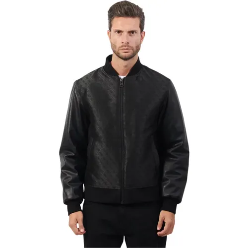 Schwarze Kunstlederjacke Fullzip , Herren, Größe: 2XL - Guess - Modalova