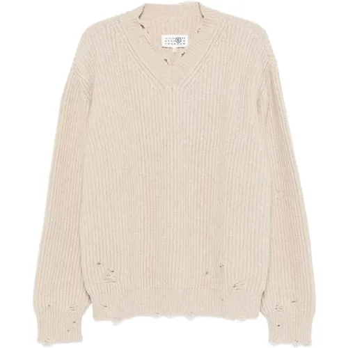 Round-neck Knitwear, male, , Size: XL V-Neck Distressed Knit Sweater - MM6 Maison Margiela - Modalova