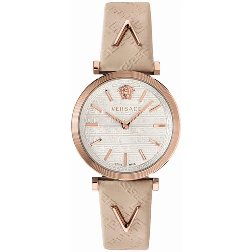 V-Twist Ivory Leather Silver Rose Gold Steel Watch , female, Sizes: ONE SIZE - Versace - Modalova