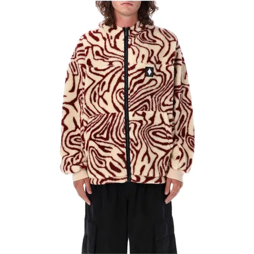 Zip-throughs, male, , Size: XL Mens Ecru/Burgundy AOP Fluid Pile Jacket - Marcelo Burlon - Modalova