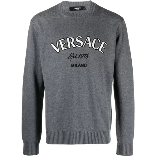 Round-neck Knitwear, male, , Size: M Cool Grey Knitted Sweater with Milano Stamp Embroidery - Versace - Modalova