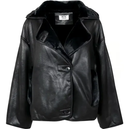 Schwarze Oversize-Jacke mit Muster und Kunstpelzdetails , Damen, Größe: M - Betta Corradi - Modalova