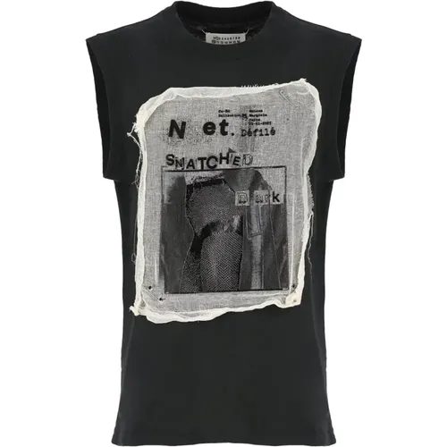 Schwarzes ärmelloses Baumwoll-T-Shirt mit Kontrastdruck - Maison Margiela - Modalova
